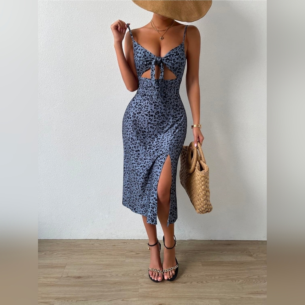 Blue Leopard Dress With Slit